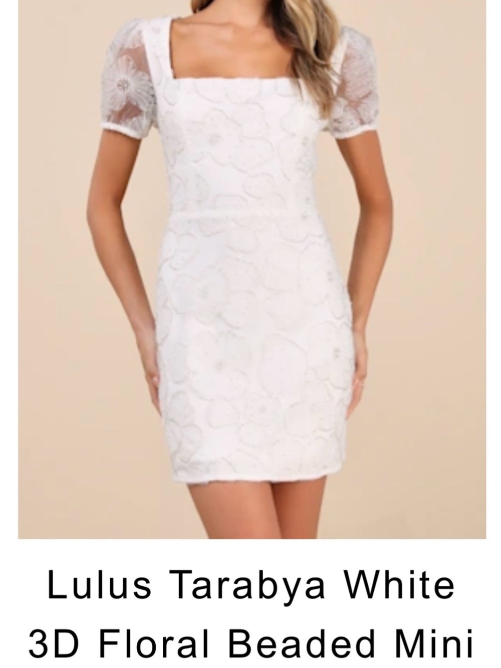 Lulu's White 3D Floral Beaded Square-Neck Mini Dress